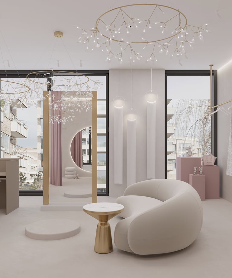 Modern interior design showroom with white sculptural chair, brass side table, ornate ceiling fixture, and minimalist furnishings