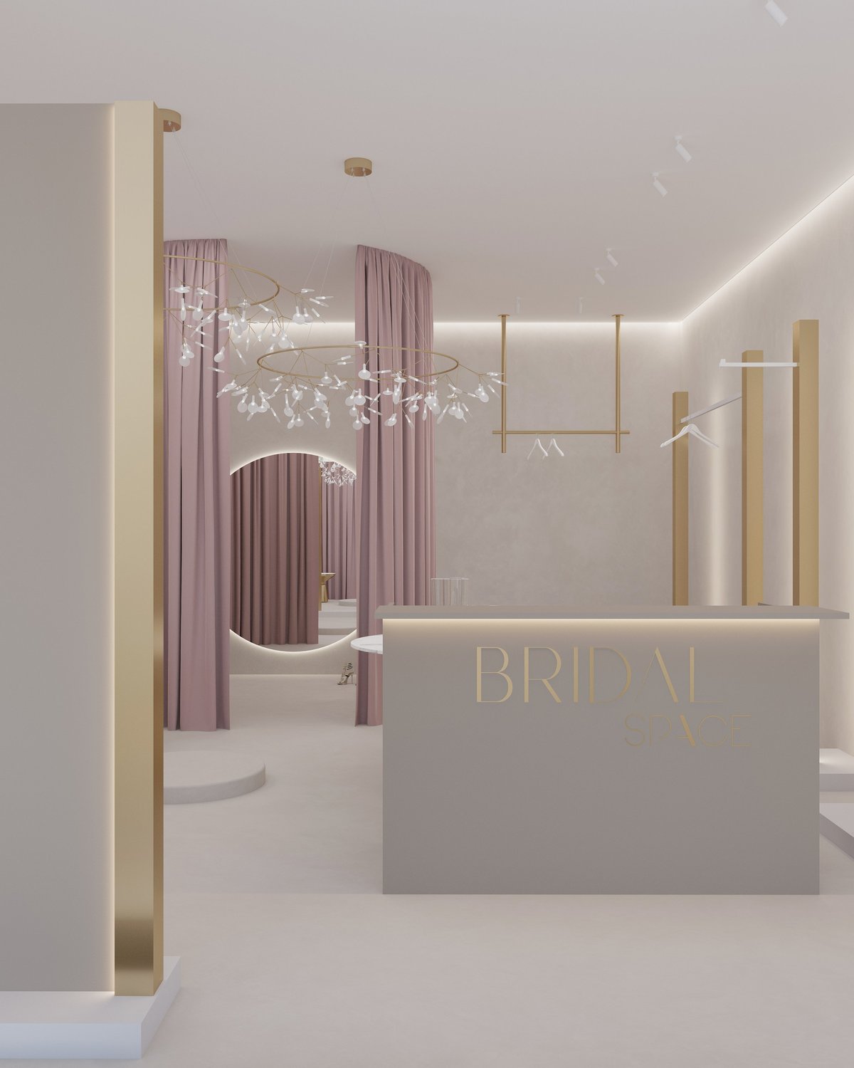 Modern luxury bridal boutique interior with sleek reception desk, purple curtains, and elegant minimalist design in neutral tones