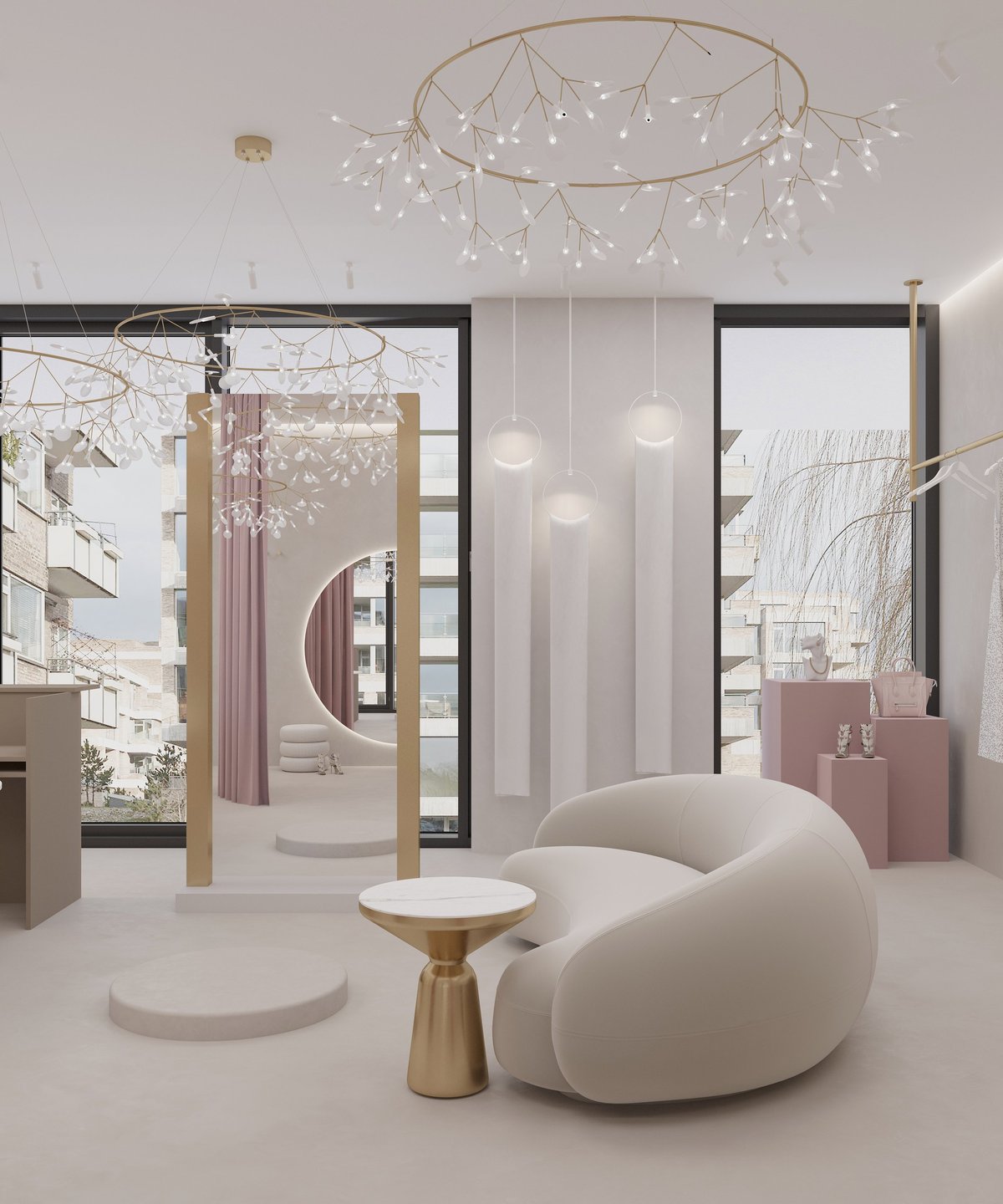 Modern minimalist interior showroom with white curved furniture, gold-rimmed mirror, chandelier, and large windows overlooking city