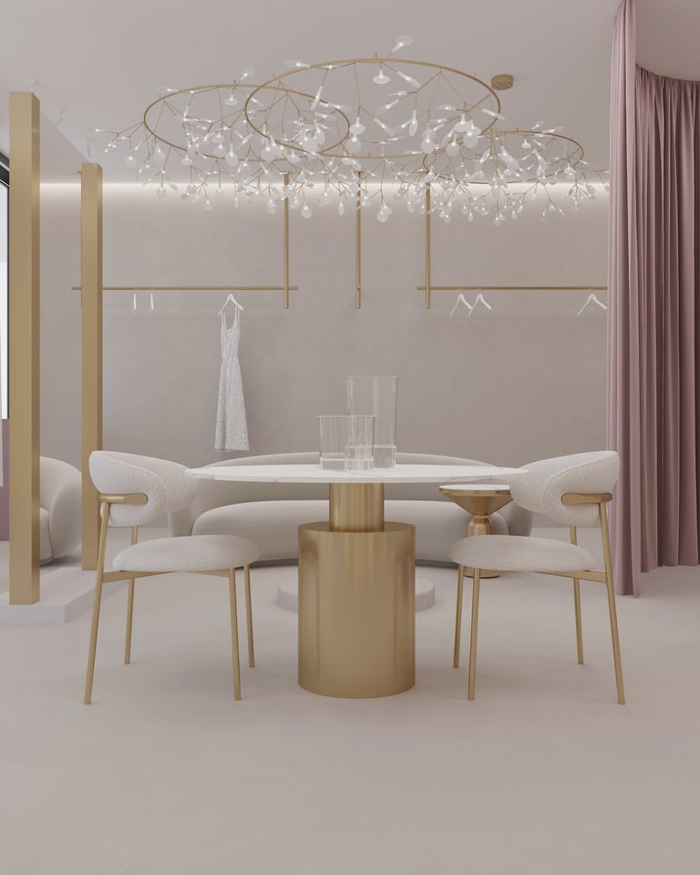 Modern dining room with round white table, beige chairs, cylindrical wood base, and ornate crystal chandelier overhead
