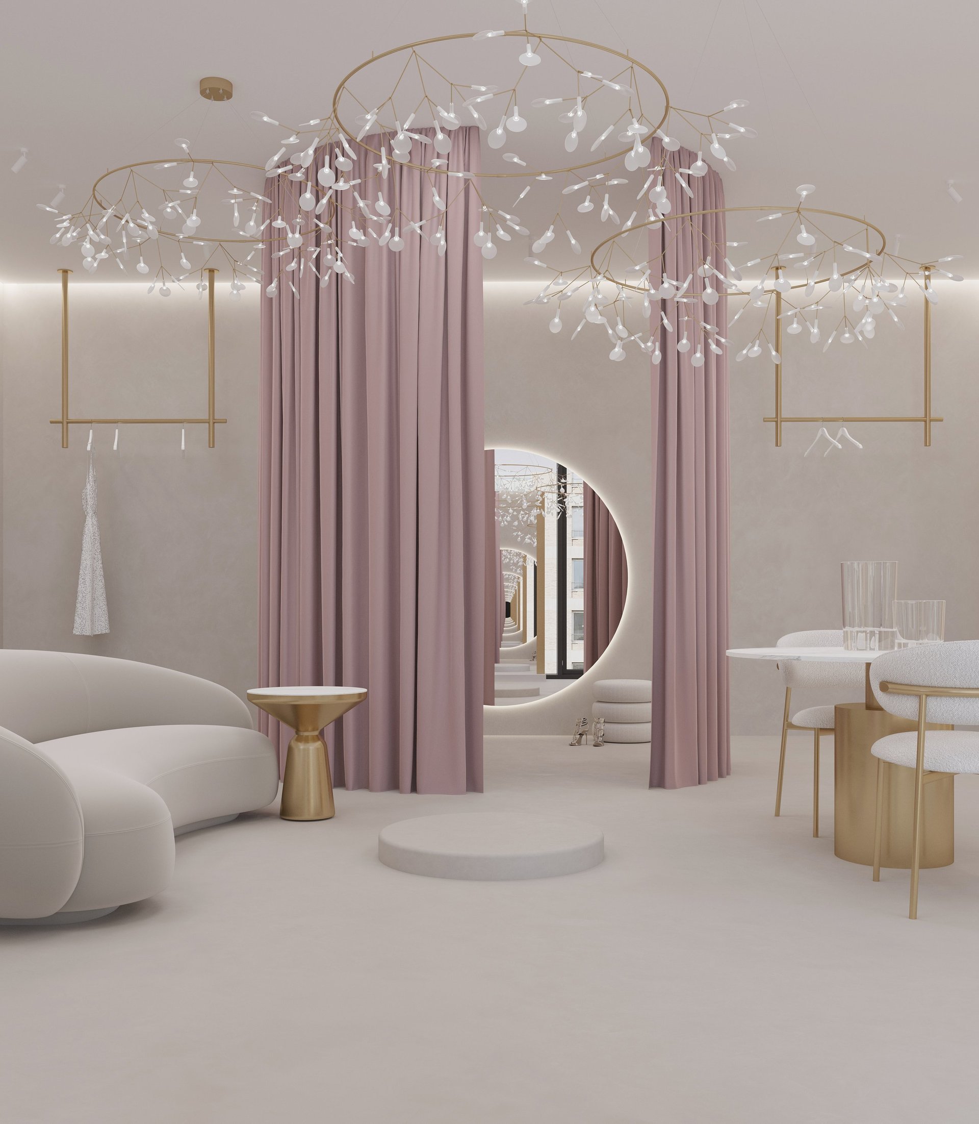 Modern minimalist interior with purple curtains, sculptural furnishings, and decorative pendant lights